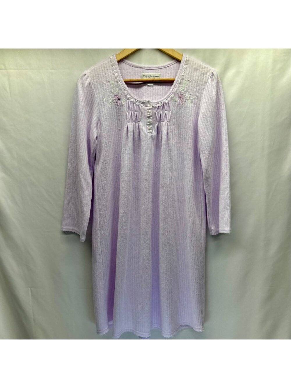 Miss Elaine Petite Lavender Nightgown PM Floral Embroidery Button Detail 3/4 Sle